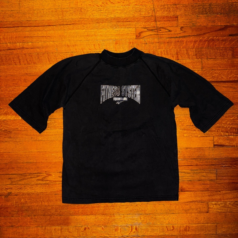 Vintage Reebok Fitness‎ System Black Short Sleeve Mock Neck T Shirt Mens XL